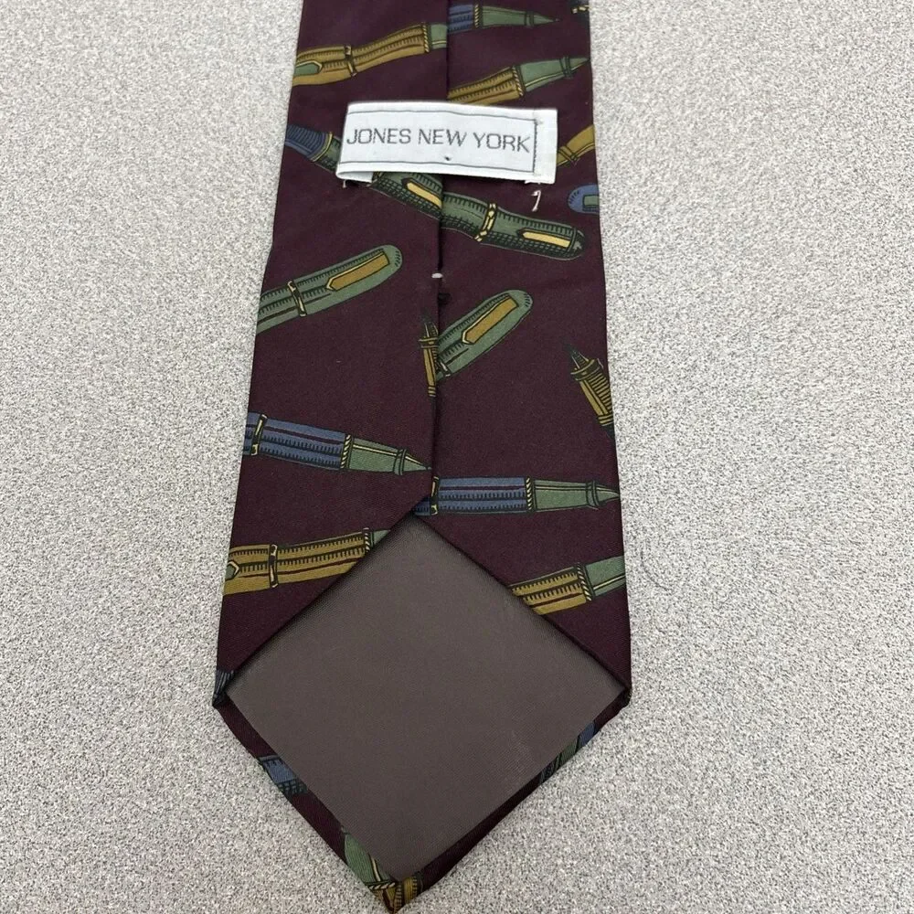 Vintage Jones New York 100 % Silk Neck Tie,  Dark Burgundy With Ink Pen Print